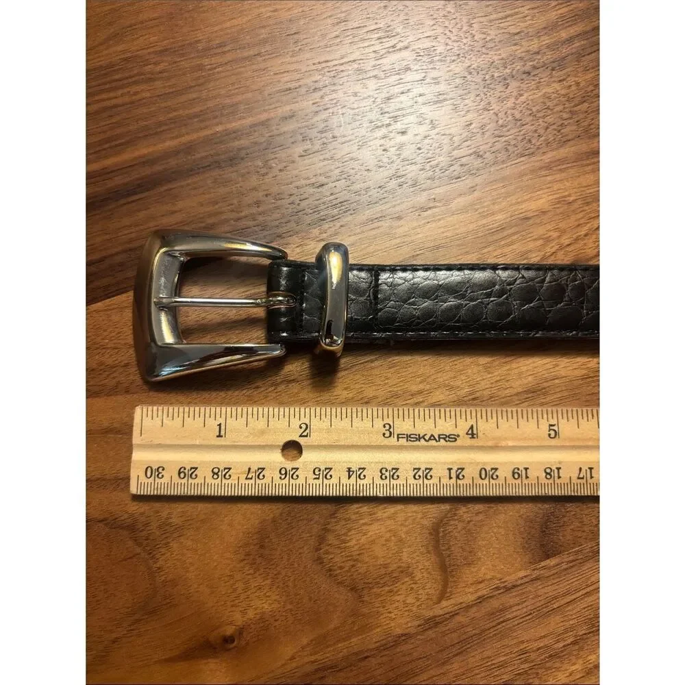 Alligator Grain Classic Black Leather Belt with Silver Buckle - 34